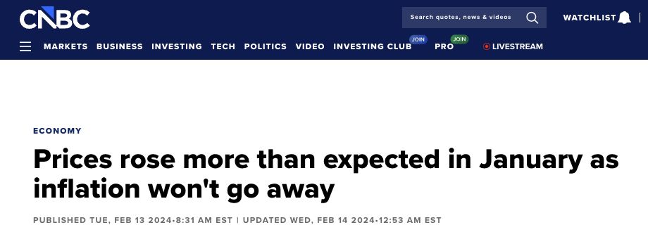 CNBC article about hotter-than-expected January 2024 inflation